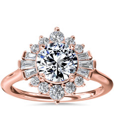 Baguette and Round Ballerina Halo Diamond Engagement Ring in 14k Rose Gold
